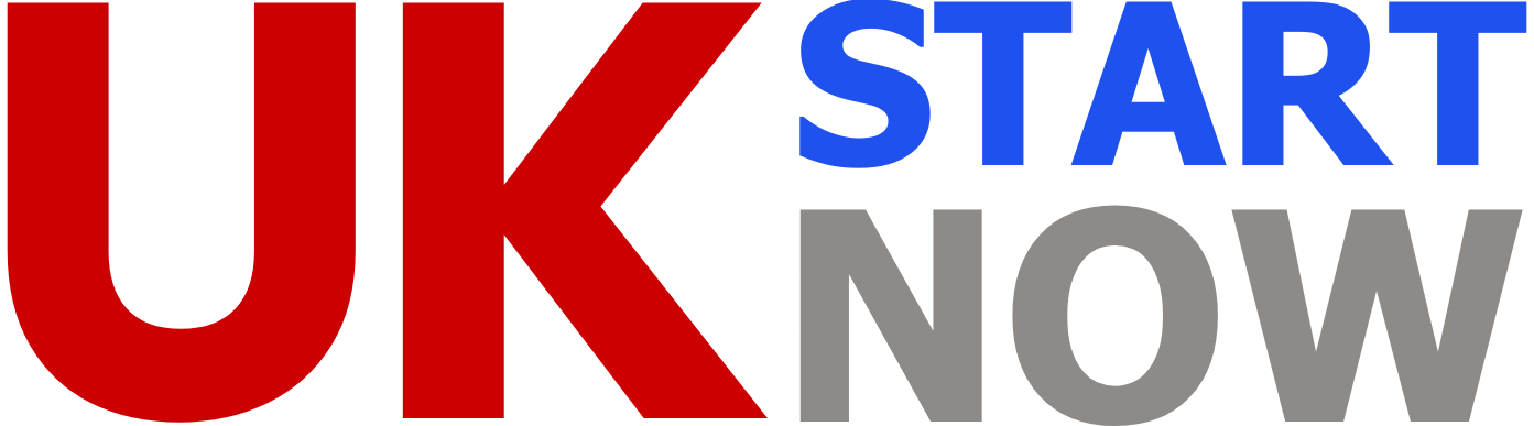 The UK Start Now logo features bold, capitalised text. "UK" is displayed in red, "START" in blue, and "NOW" in grey, with a modern, clean font style. The design conveys professionalism and confidence.