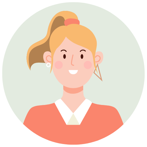 A cartoon-style illustration of a smiling woman with blonde hair tied in a high ponytail, wearing a peach-coloured top with a white collar and geometric earrings. The background is a soft circular pastel green.